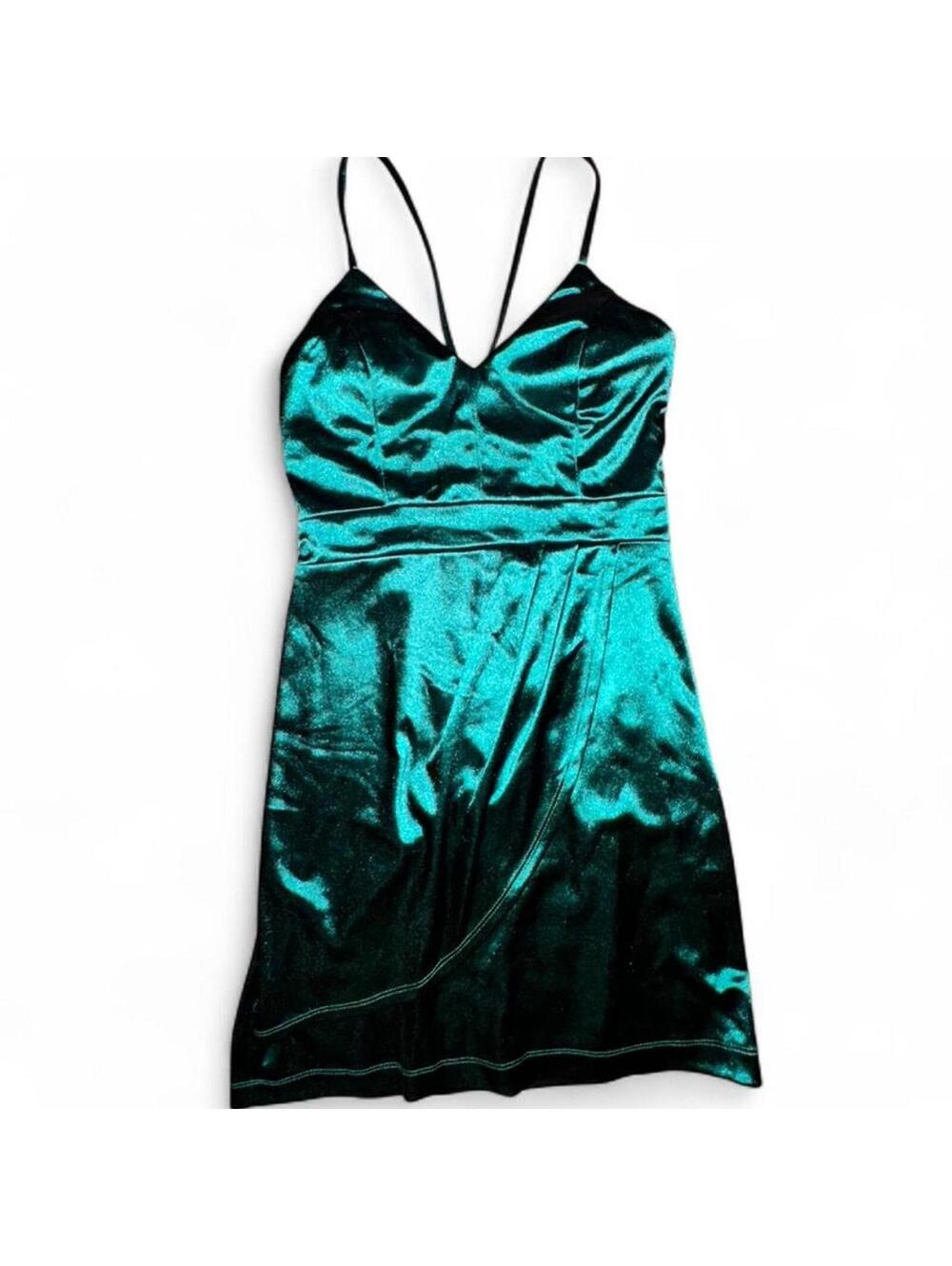 Emerald Green Satin Mini Dress Open Back Strappy Y2K Fairycore